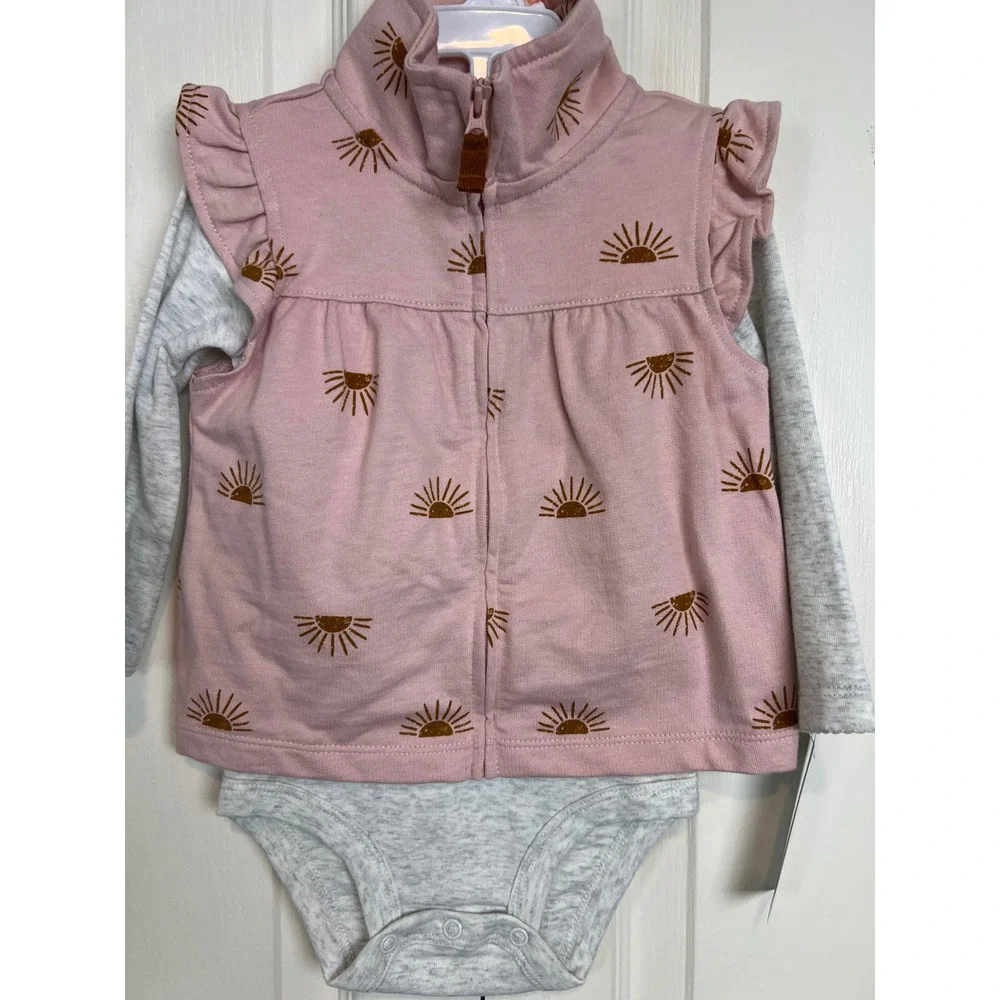 Carter's 2-Piece Vest Set Baby Girl 12M Pink  Print Ruffle Bodysuit Outfit G05